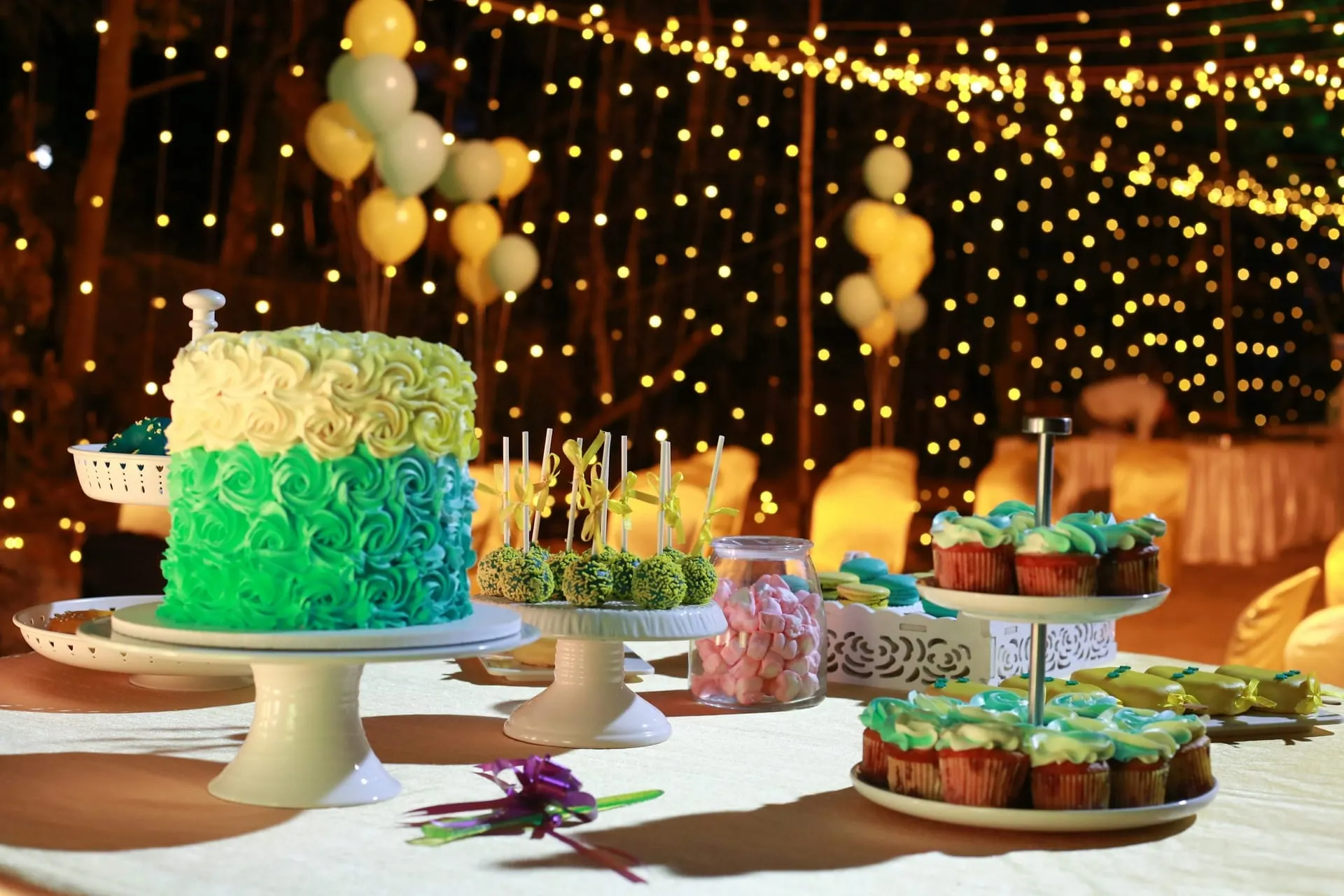 Outdoor evening party cake string lights