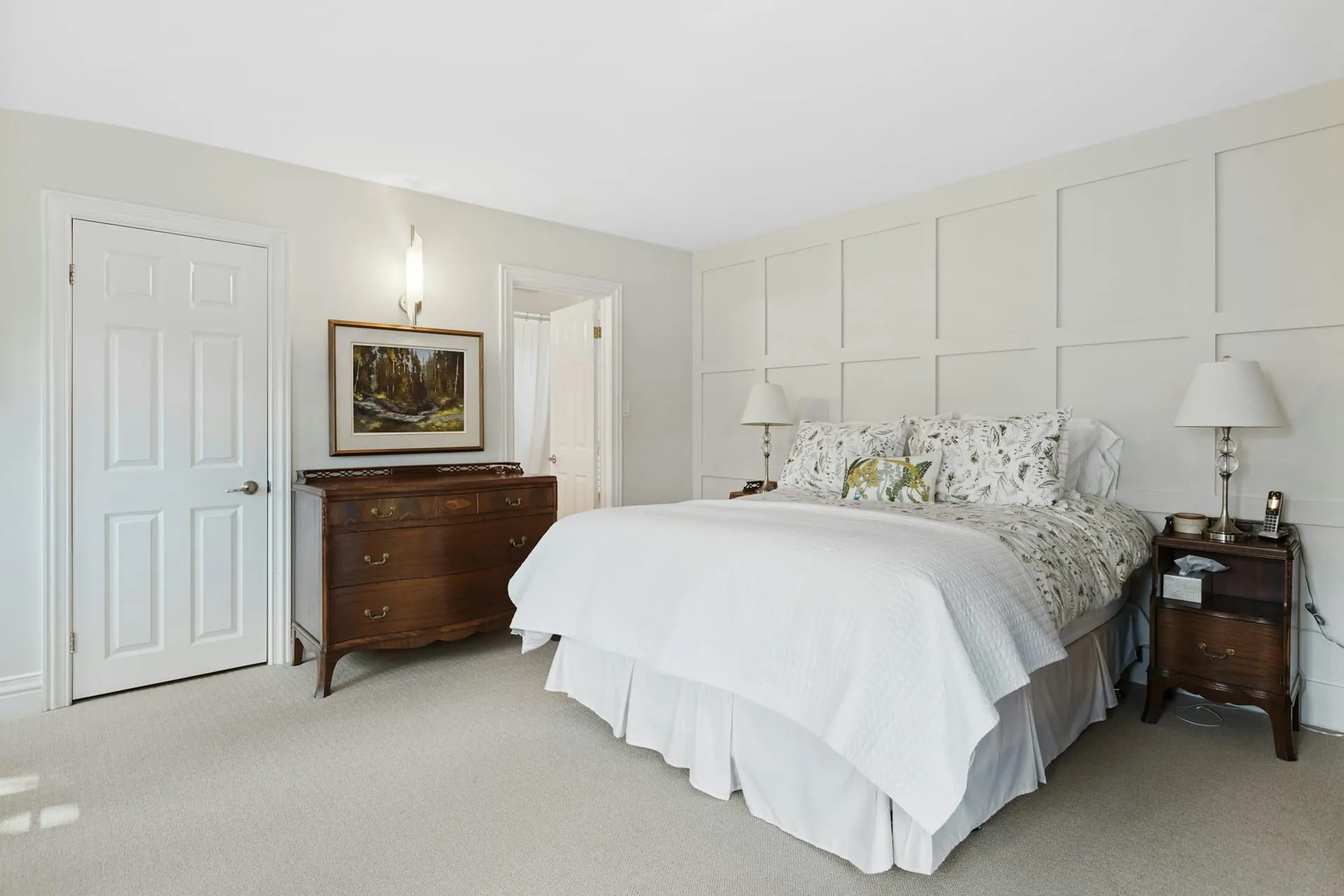 Real estate interior master bedroom panelled wall antique