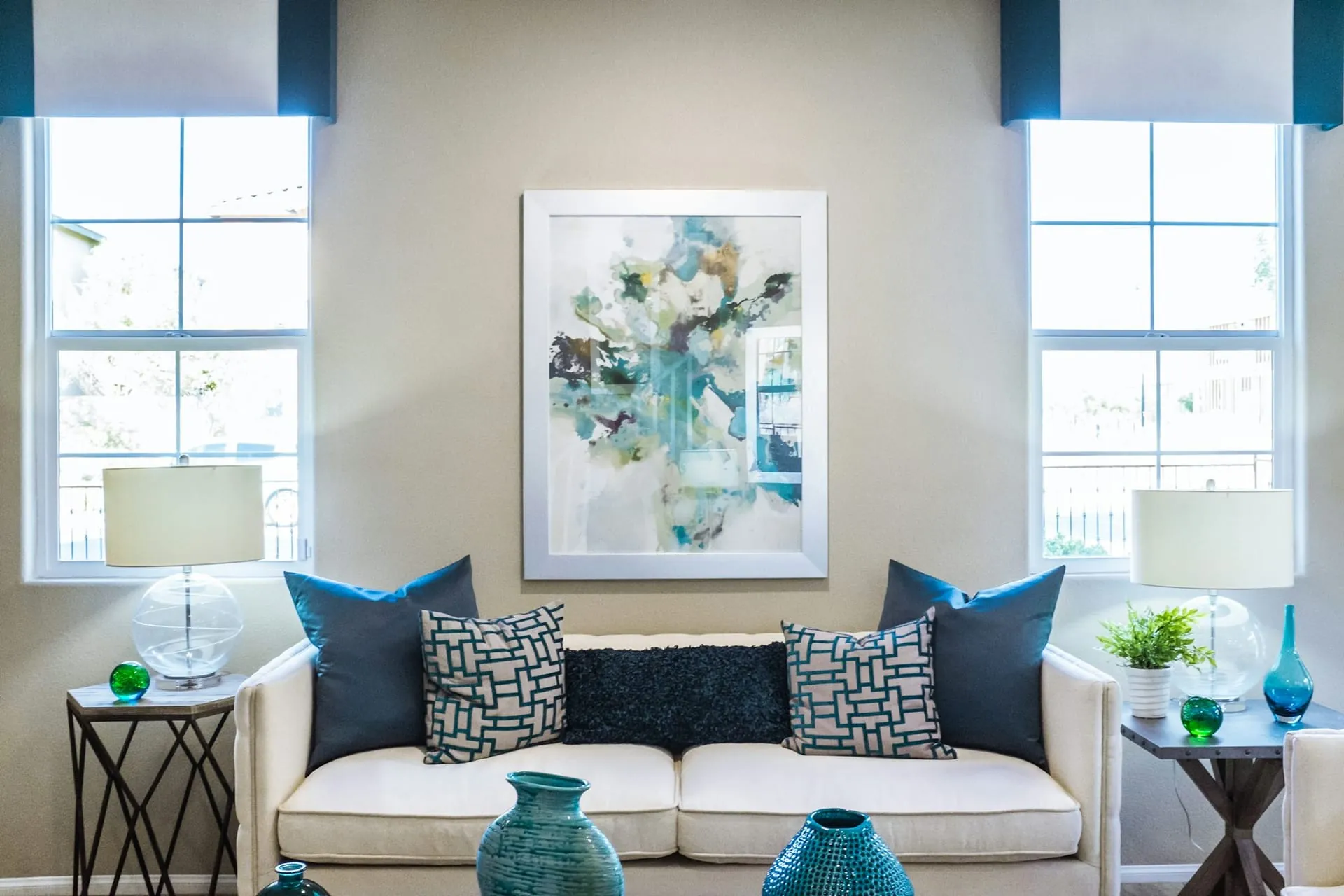 Real estate interior staged living room teal accents