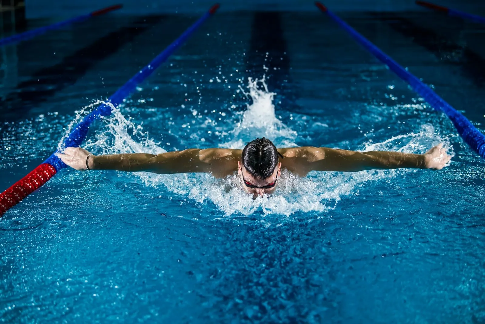 Swimming butterfly stroke indoor pool overhead